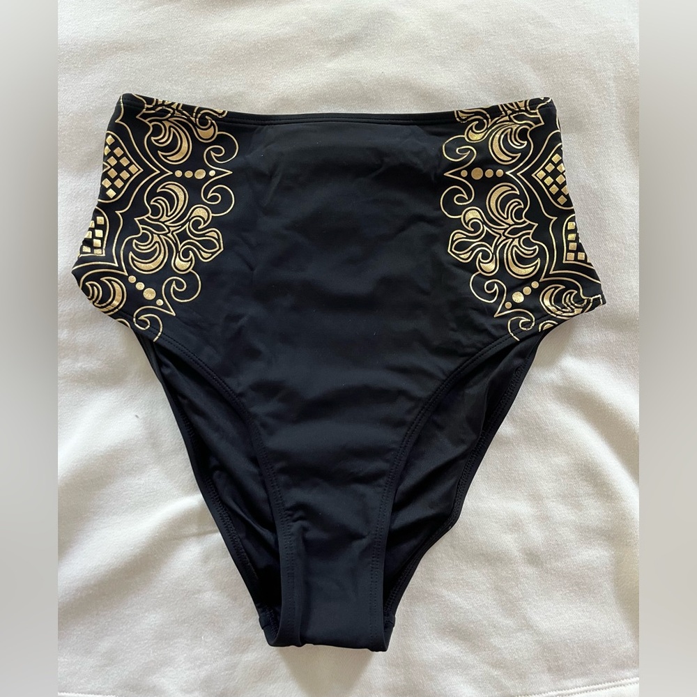 Cupshe High Waisted Black and Gold Cheeky Bikini Bottom - Medium - NWT
